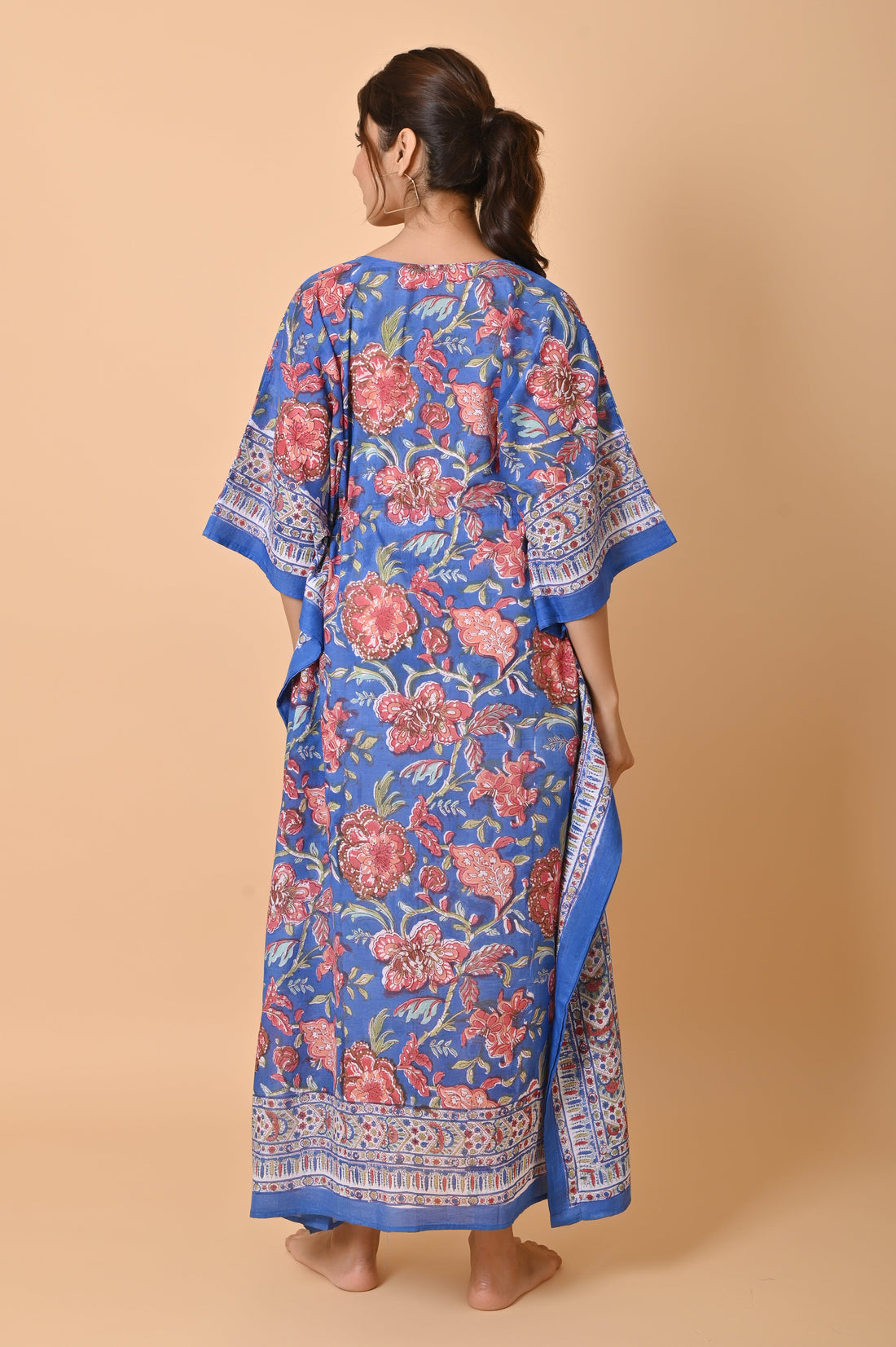 Block Print Floral Cotton Long Bohemian Kaftan Dress
