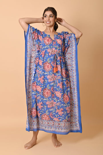 Block Print Floral Cotton Long Bohemian Kaftan Dress