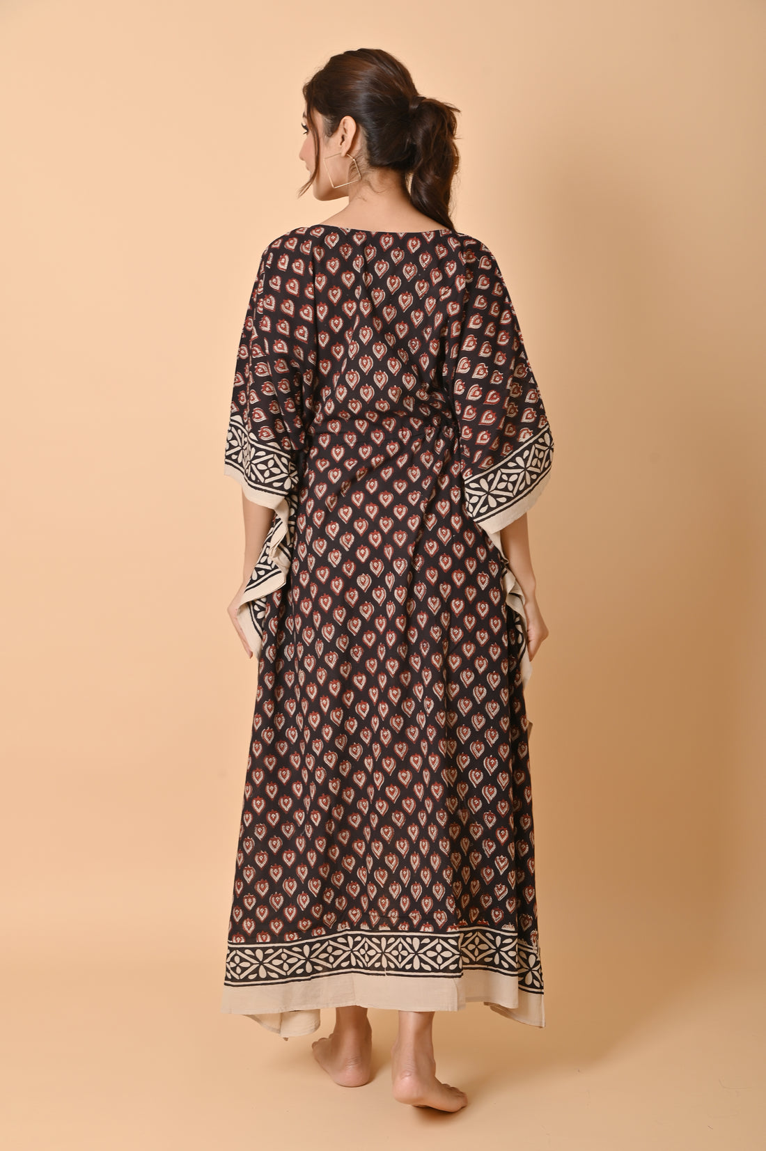 black Block Print Cotton Long Bohemian Kaftan