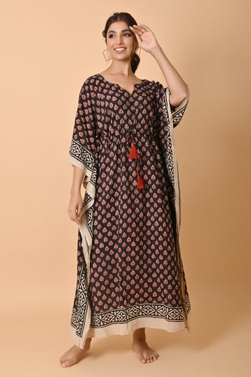 black Block Print Cotton Long Bohemian Kaftan
