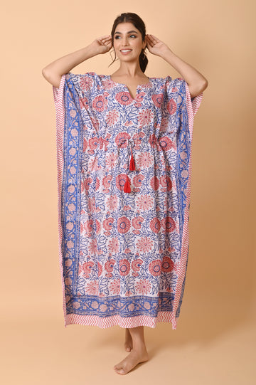 Block Print Cotton Long Bohemian Kaftan Dress