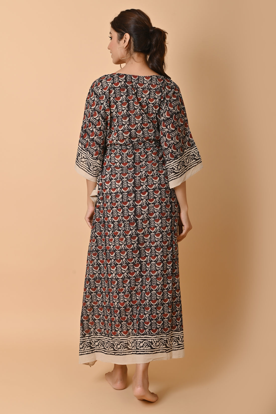 Black Block Print Cotton Long Bohemian Kaftan