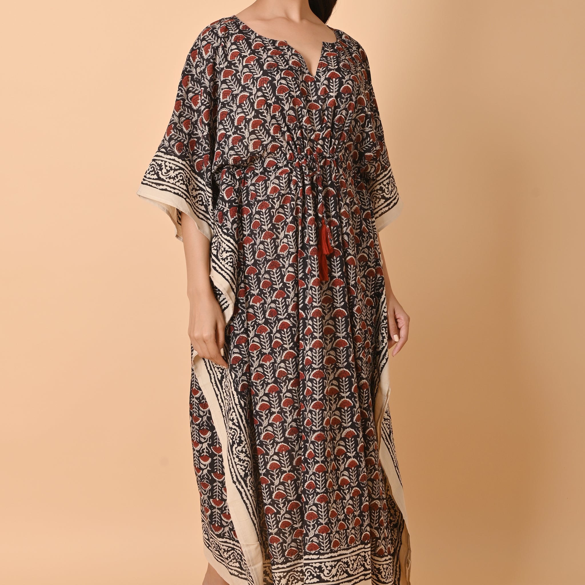 Black Block Print Cotton Long Bohemian Kaftan