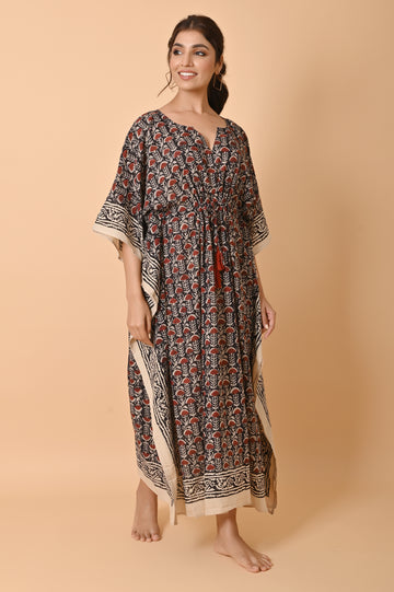 Black Block Print Cotton Long Bohemian Kaftan