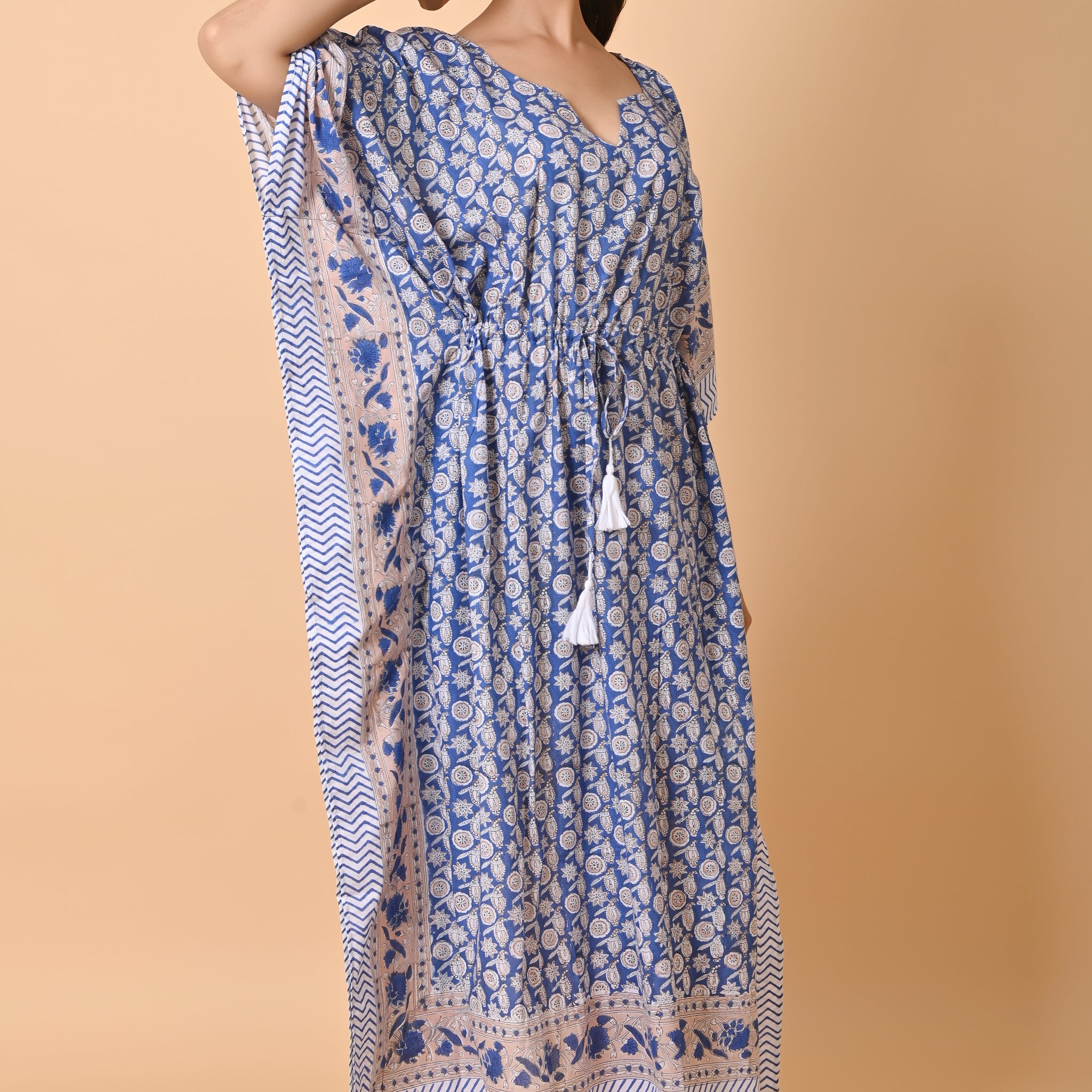 Blue Block Print Cotton Long Bohemian Kaftan