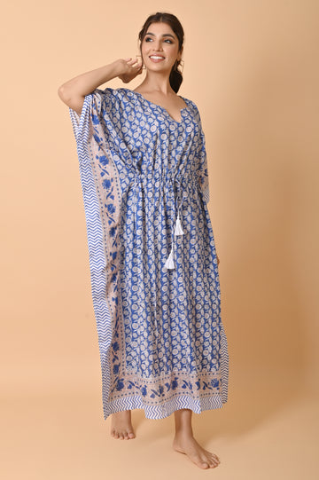 Blue Block Print Cotton Long Bohemian Kaftan