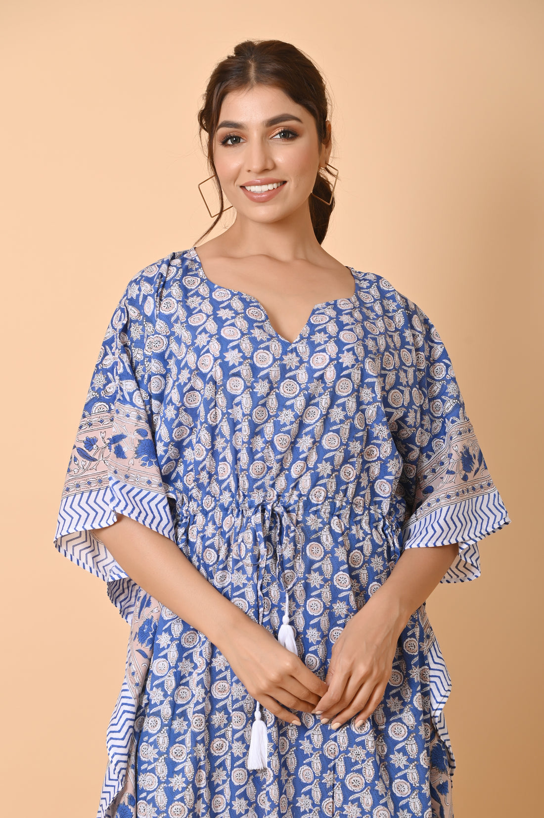Blue Block Print Cotton Long Bohemian Kaftan