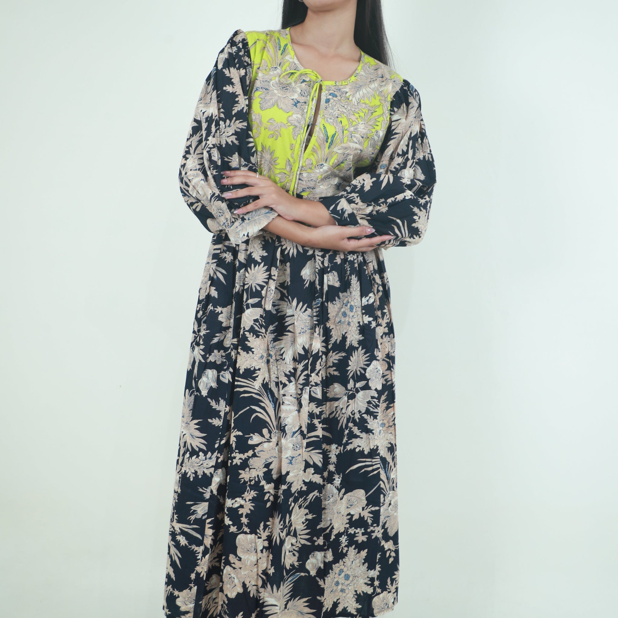 Black Floral Meadow ladies cotton maxi dress