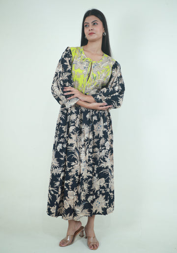 Black Floral Meadow ladies cotton maxi dress