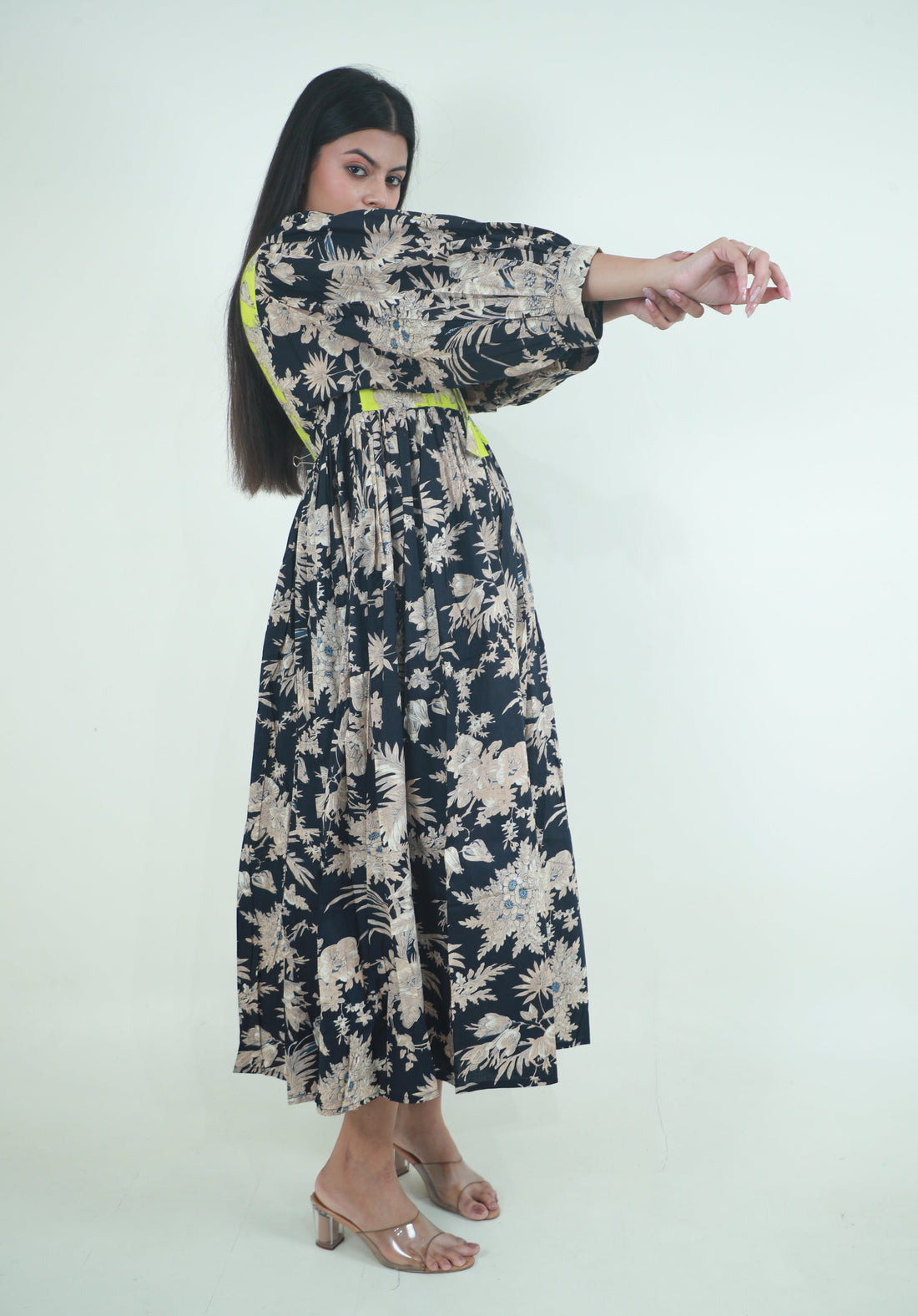 Black Floral Meadow ladies cotton maxi dress